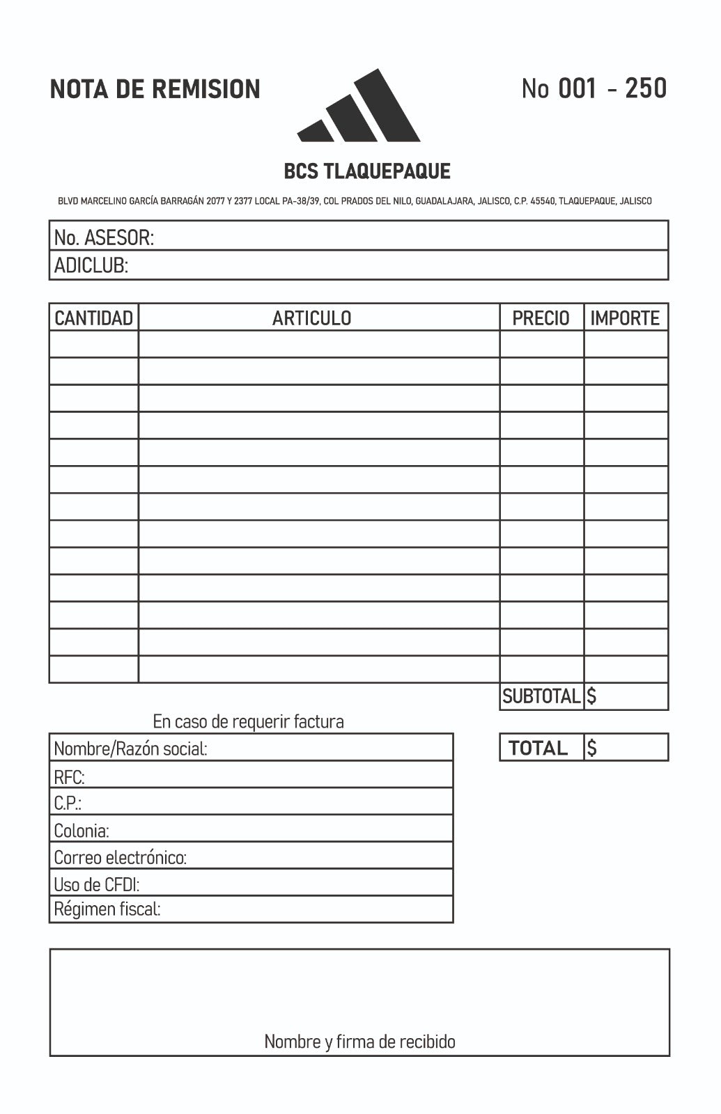 Diseño, muestra e impresión de Remisión autocopiante 75 gr., 20.5 x 14 cm., impresión 1 tinta, folio consecutivo, Block c/250 juegos (original y 1 copia).