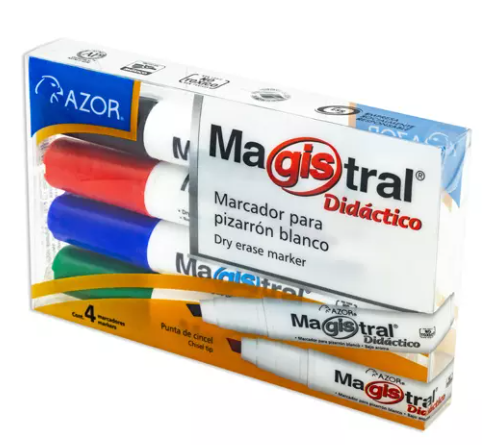 Marcador Magistral Didáctico punta cincel 6 mm colores surtidos empaque 4 pzas