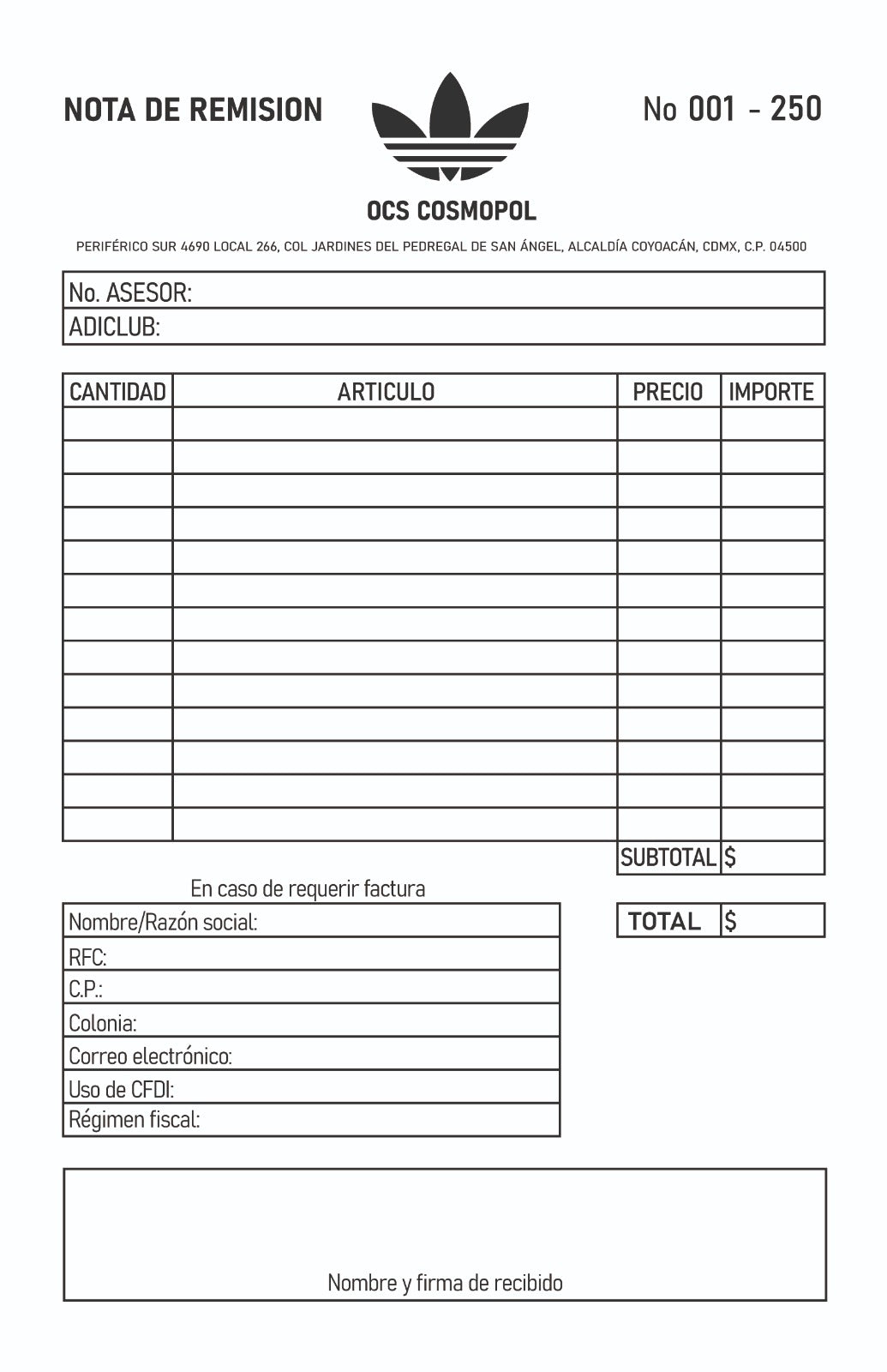 Diseño, muestra e impresión de Remisión autocopiante 75 gr., 20.5 x 14 cm., impresión 1 tinta, folio consecutivo, Block c/250 juegos (original y 1 copia).
