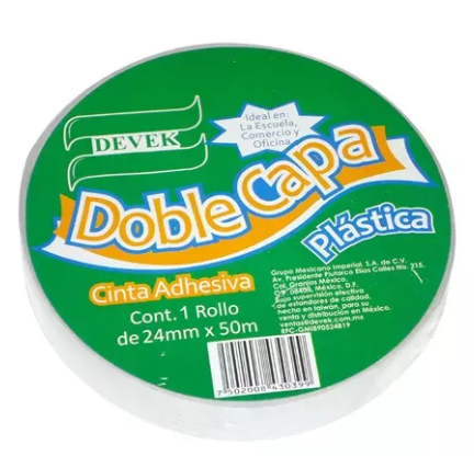 Cinta doble capa DEVEK 24 mm x 50 mts olor blanco, cinta de polipropileno